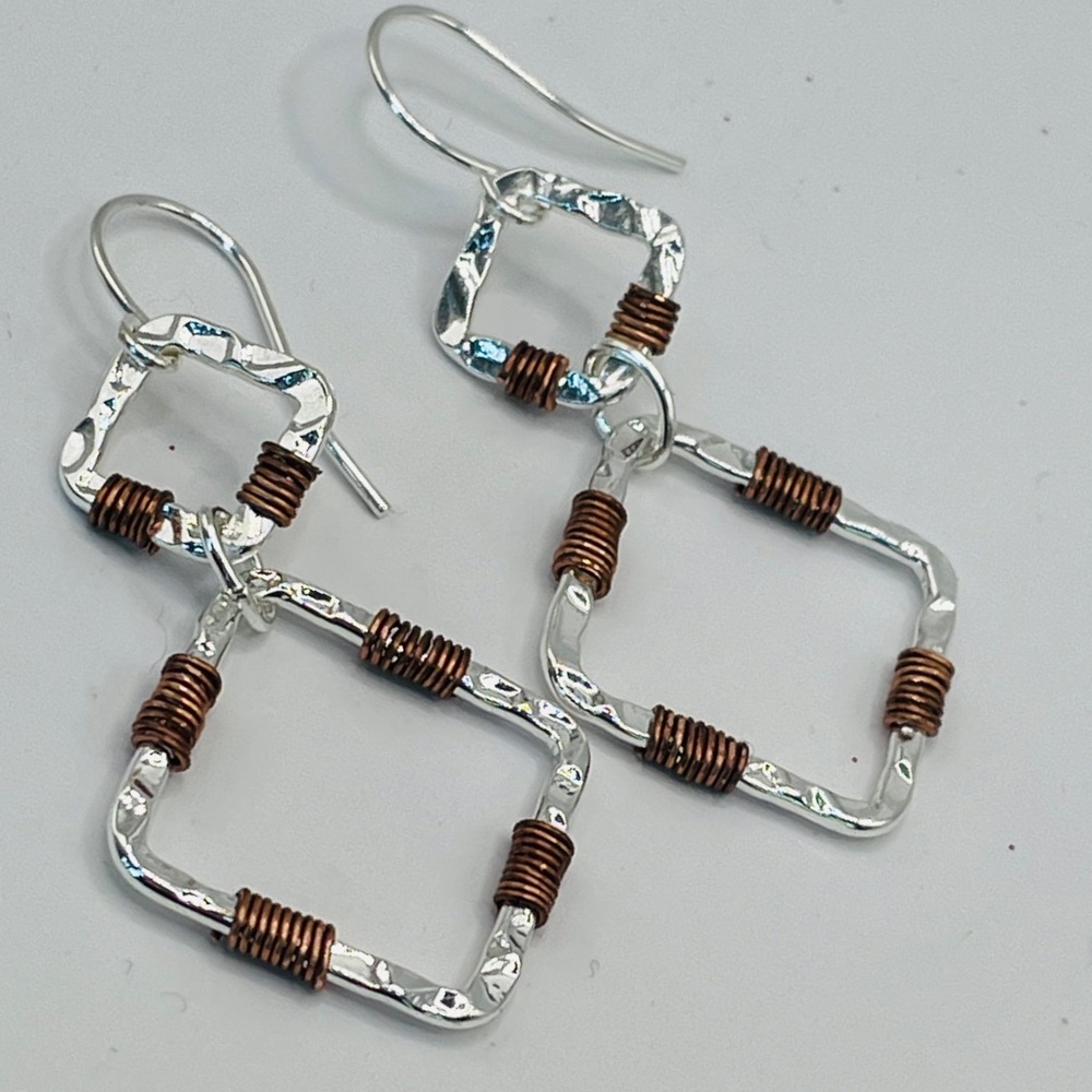 Hammered Drop Silver and Copper Earrings